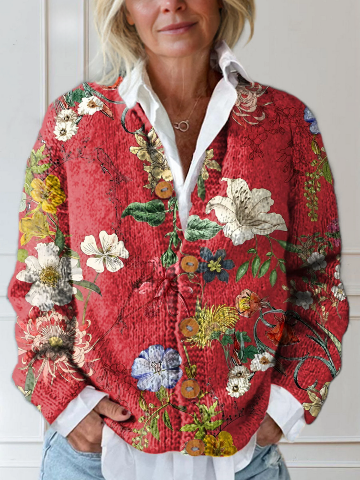 Linda | Cardigan Boutonné Imprimé Artistique Floral Vintage