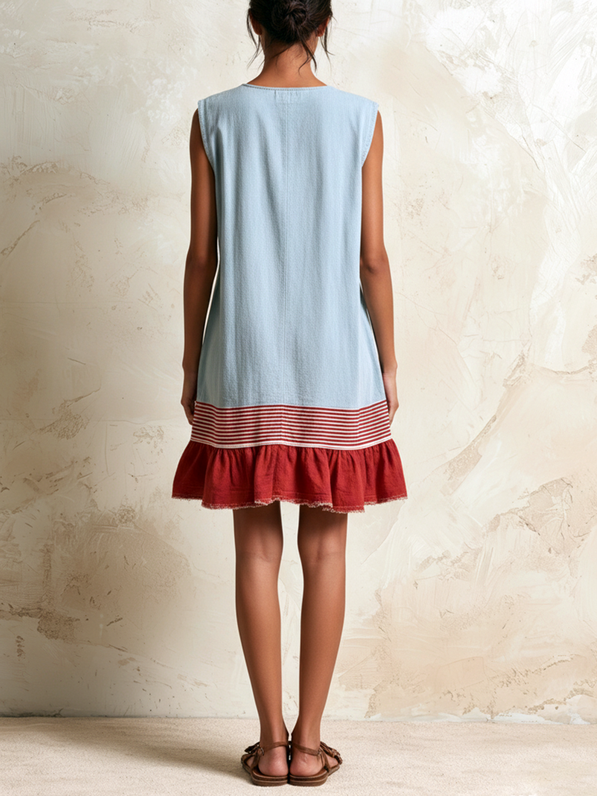 Katia | Robe tunique bleu clair sans manches, bande rouge et ourlet froncé
