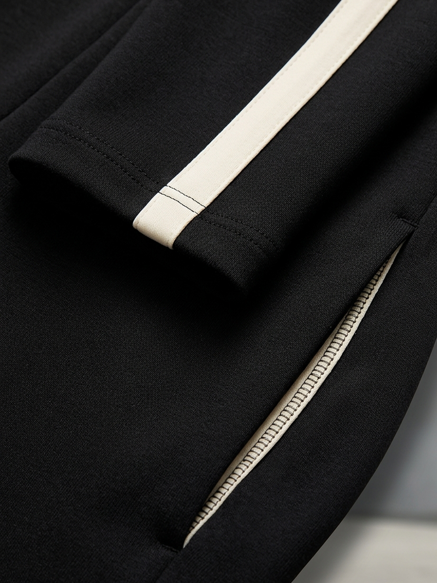 Monica | Ensemble Survêtement Noir à Bandes Contrastées, Haut Zippé et Pantalon Large à Cordon