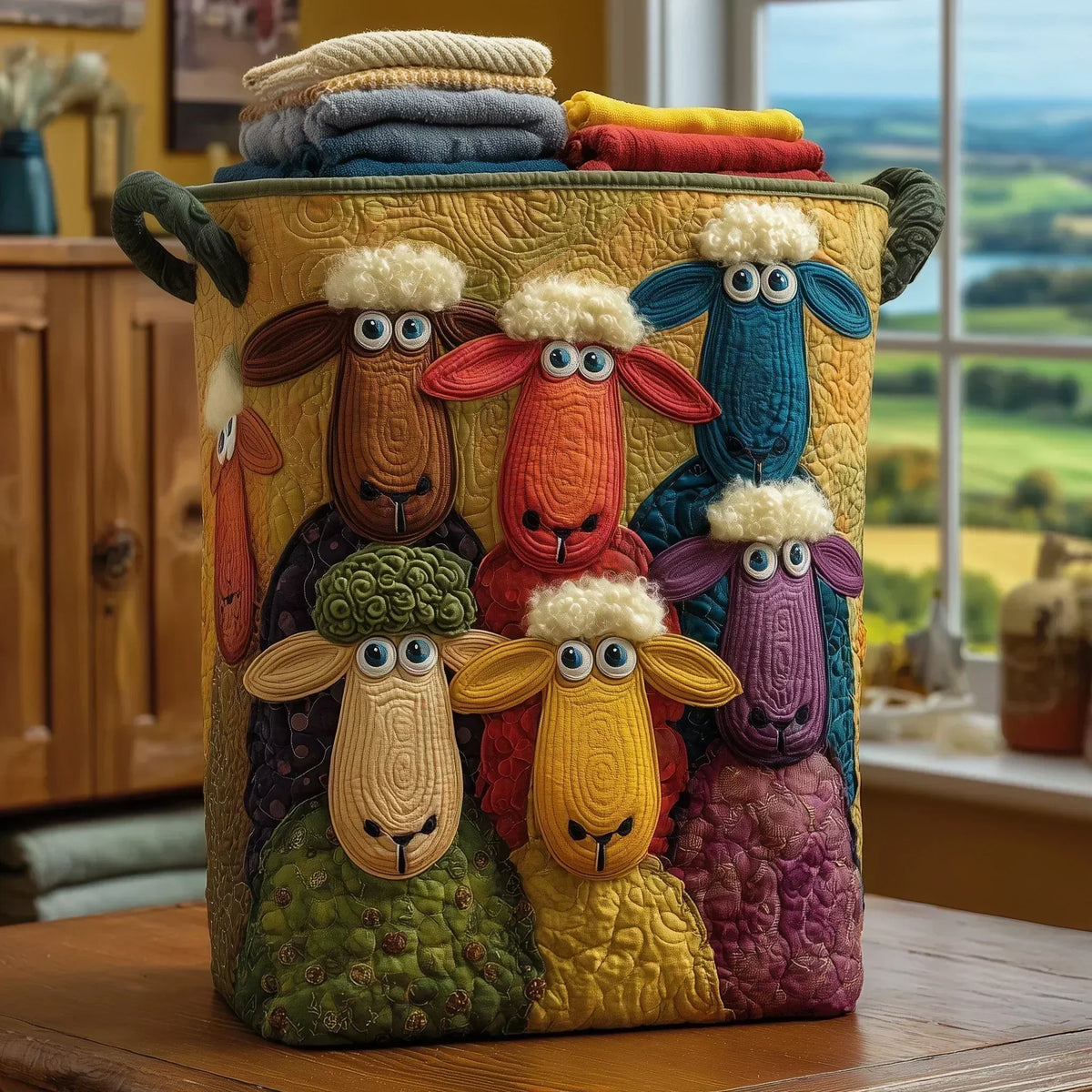 Panier matelassé avec moutons parmi les collines