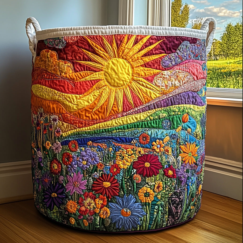 Panier matelassé avec soleil sur collines et fleurs