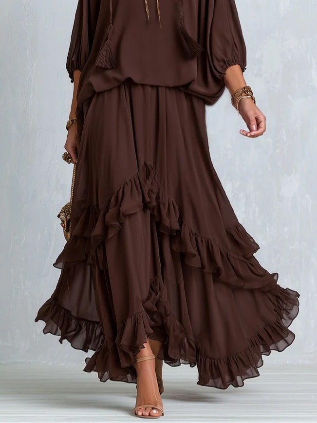 Manuela | Top en Mousseline Marron à Franges et Col en V avec Jupe à Volants Superposés