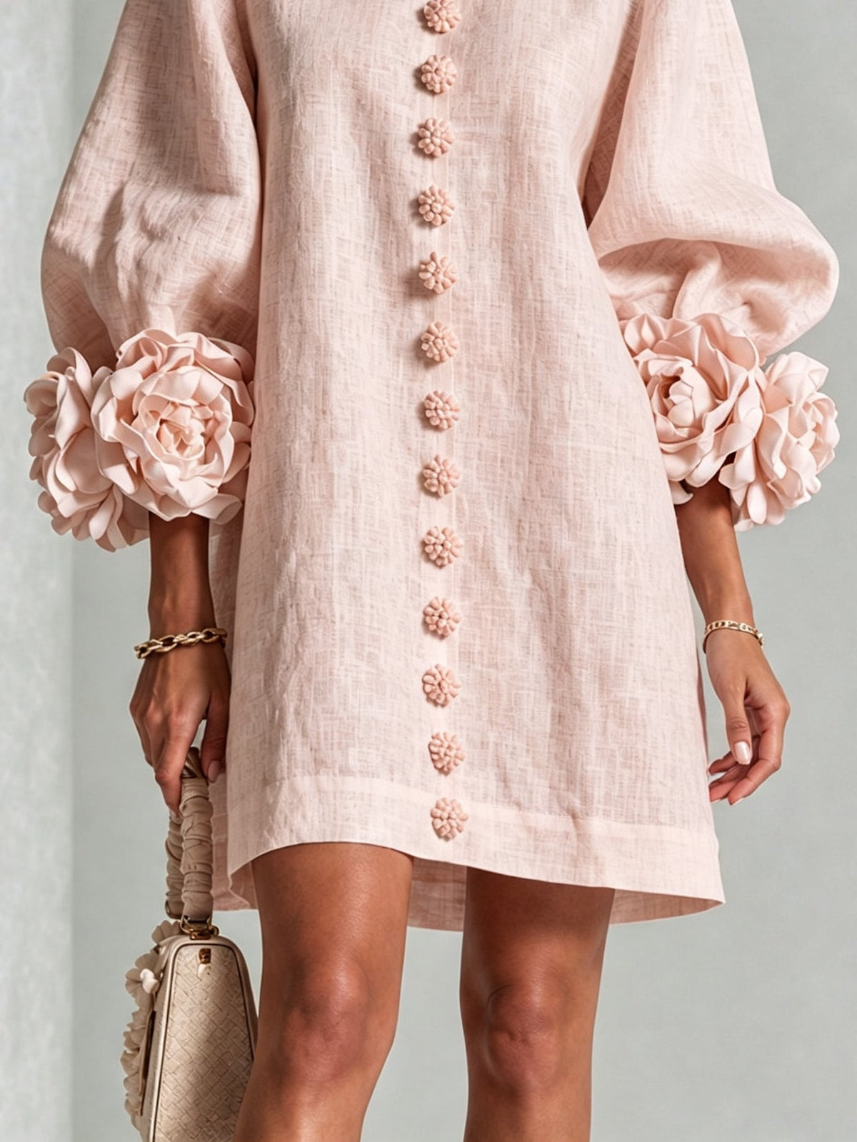 Robe Mini Fleurie Rose à Boutons et Manches Fleuries Surprenantes