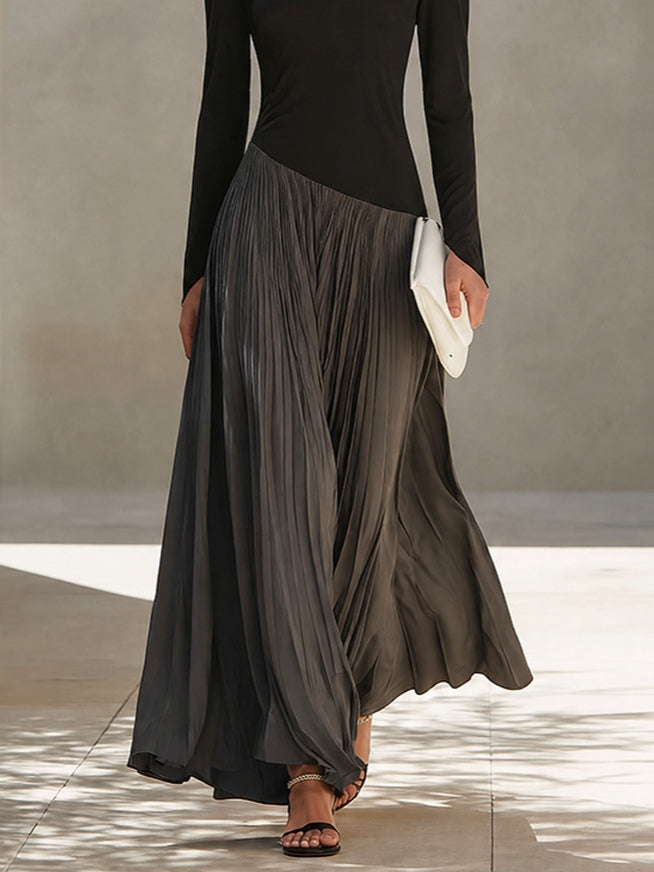 Marina | Robe Longue Plissée à Col Drapé Bicolore Noir et Gris