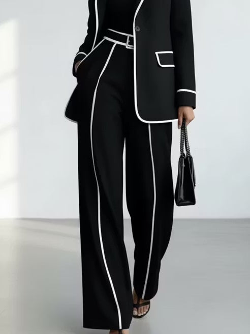 Claudia | Ensemble Deux Pièces Blazer Noir à Passepoil Contrasté et Pantalon Large