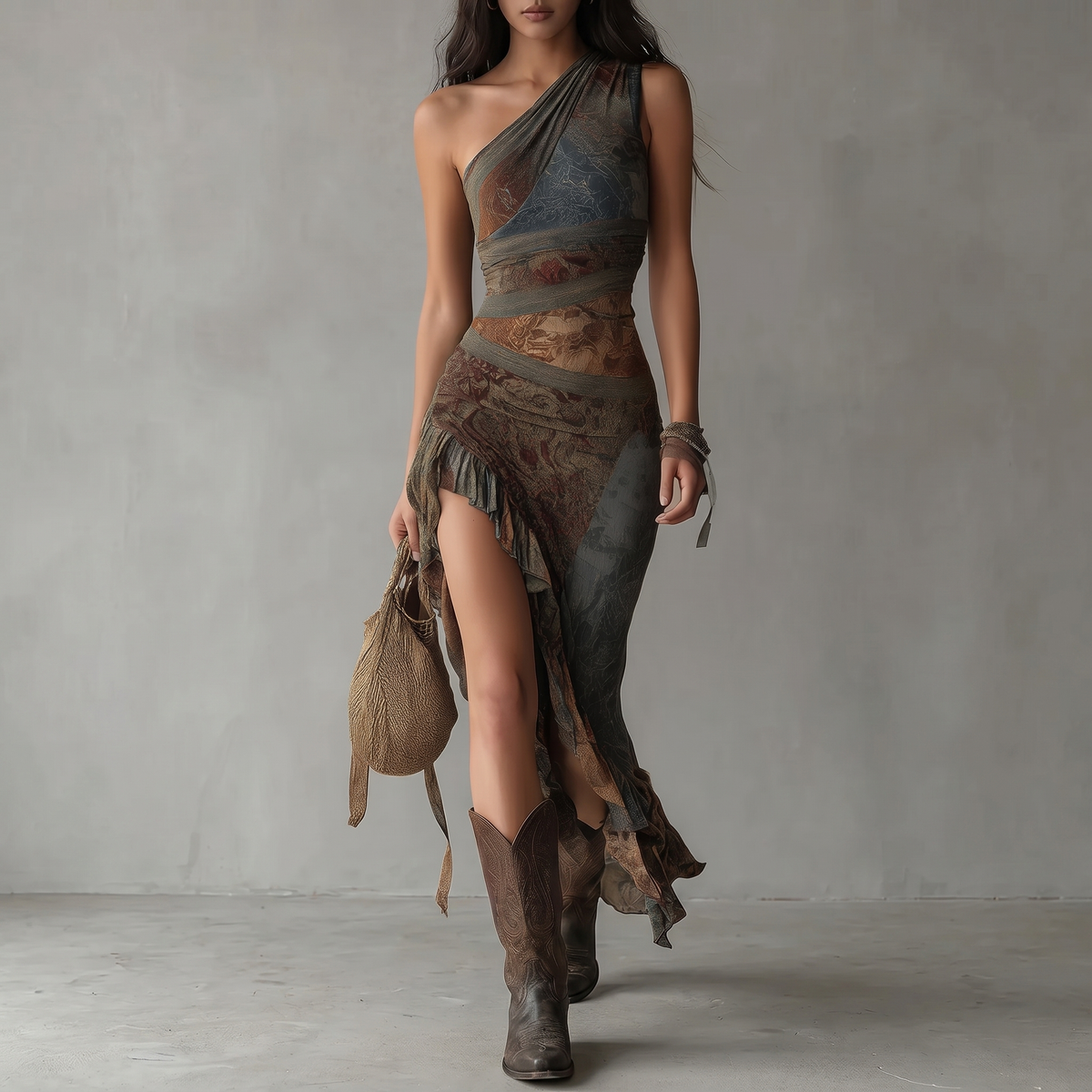 Robe longue asymétrique à imprimé ethnique