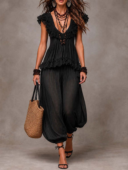 Ensemble top col V en dentelle et pantalon sarouel bohème noir