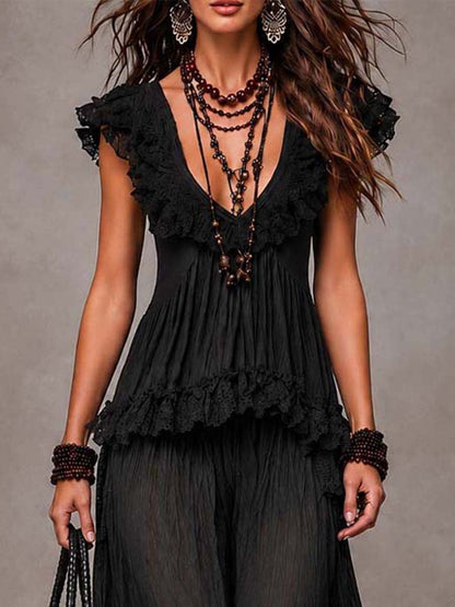 Ensemble top col V en dentelle et pantalon sarouel bohème noir