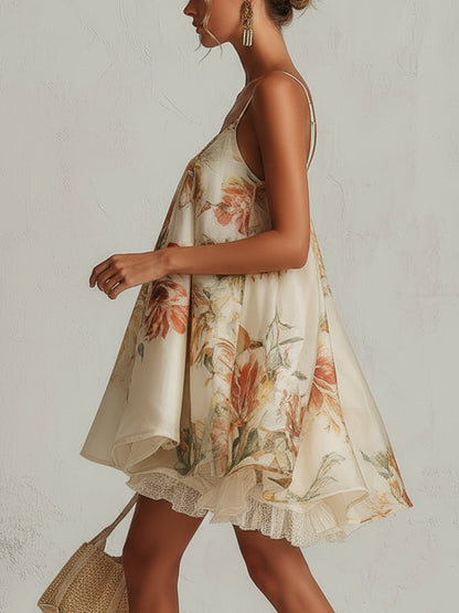 Liliana | Robe courte trapèze en organza beige à motif floral et bordure en dentelle