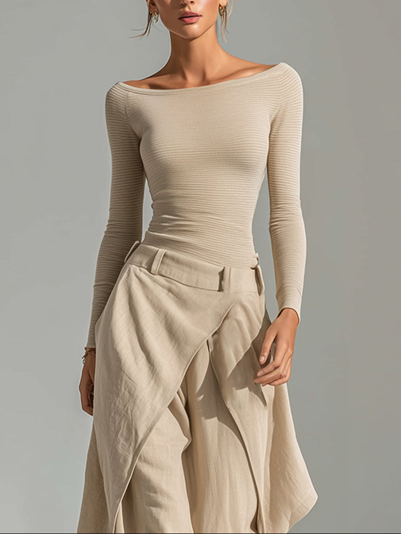 Giuliana | Ensemble Top Beige Col Bateau et Pantalon Large Superposé