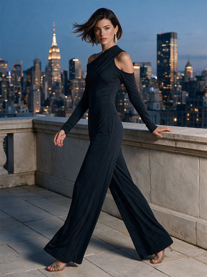 Raffaella | Combinaison de Soirée Noire Asymétrique à Une Épaule avec Pantalon Large