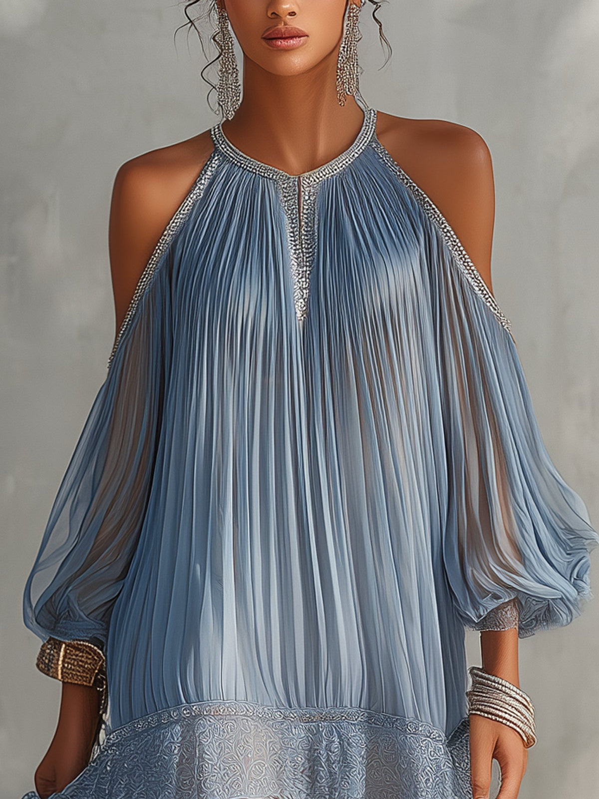 Celeste | Mini robe bleue épaules dénudées, plissée avec ourlet en dentelle