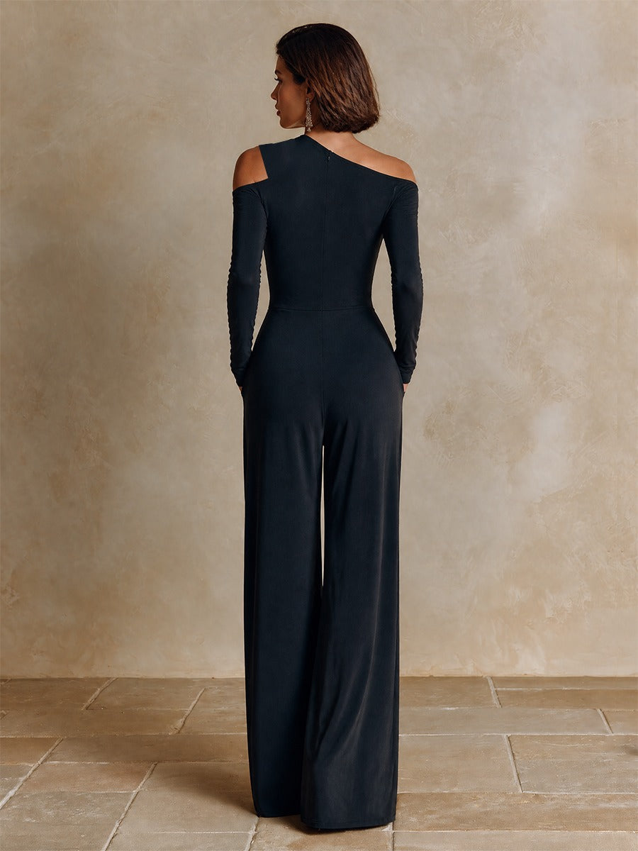 Raffaella | Combinaison de Soirée Noire Asymétrique à Une Épaule avec Pantalon Large
