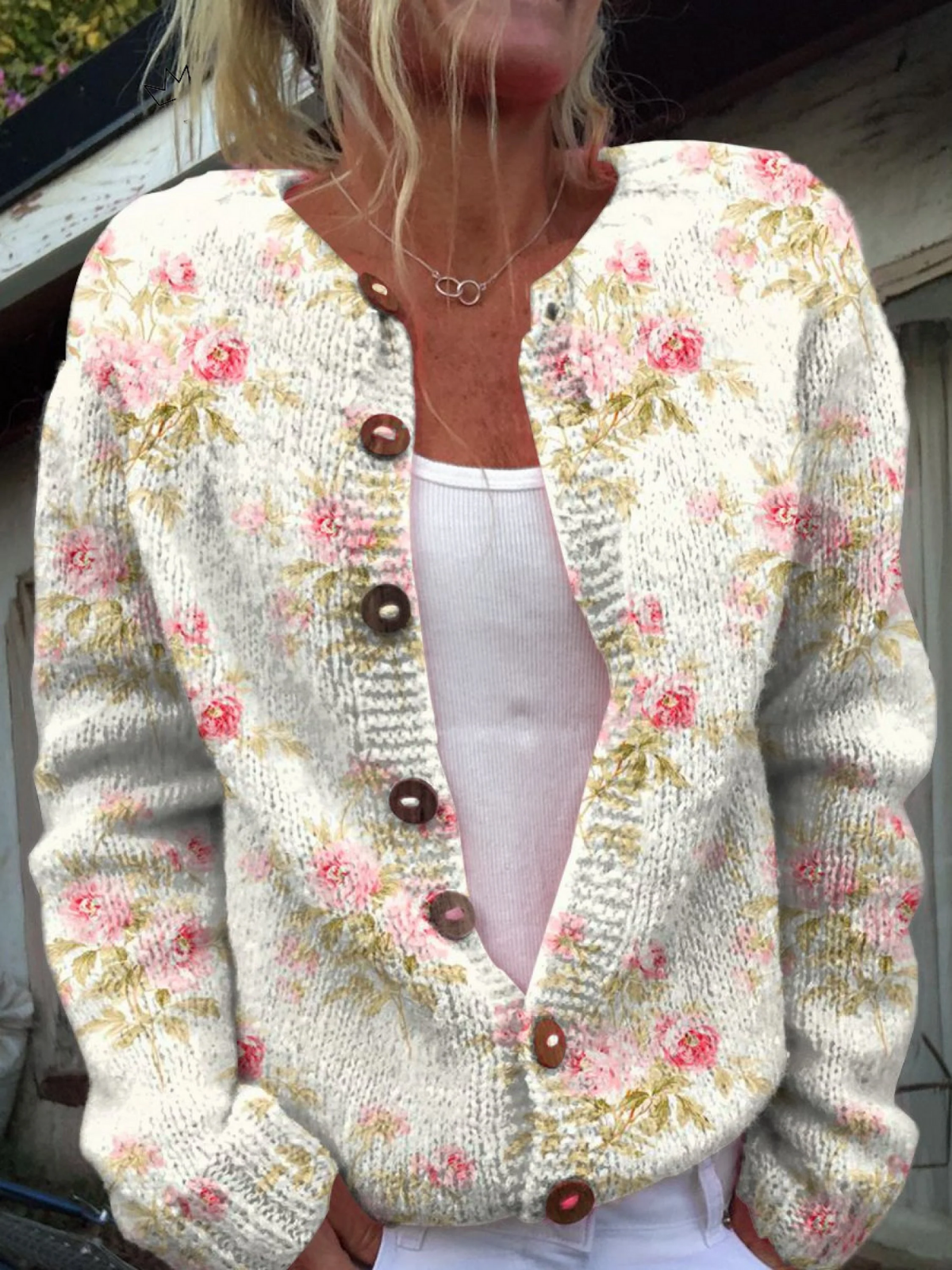 Brigitte | Cardigan Boutonné Imprimé Fleurs & Feuilles