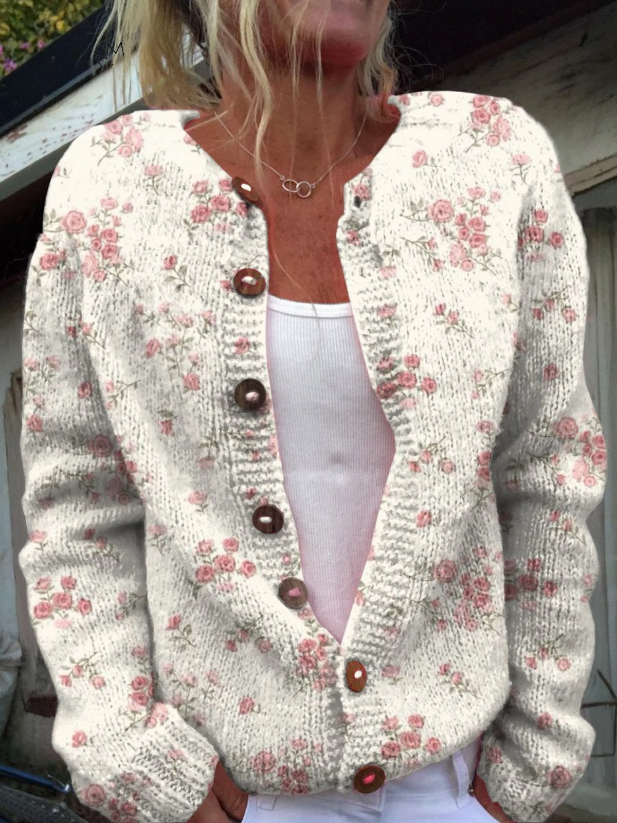 Jacqueline | Cardigan Boutonné Imprimé Fleurs de Rosier Rose