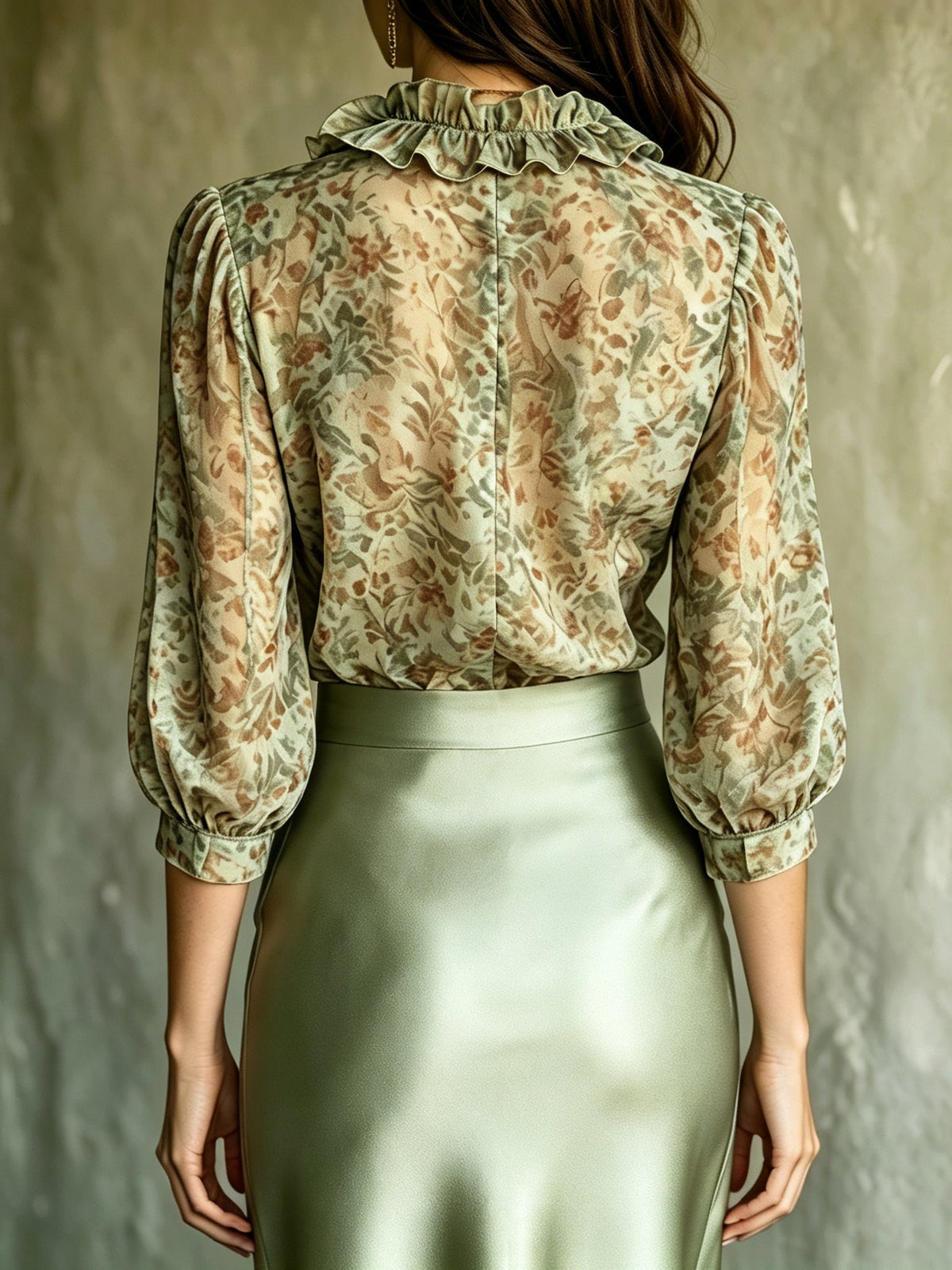 Antonella | Blouse Élégante à Volants Fleurie et Mini-Jupe en Satin