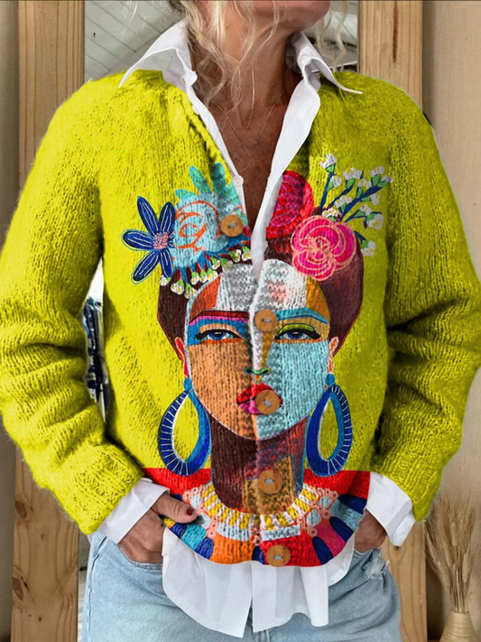 Danielle | Cardigan Boutonné Imprimé Artistique Portrait de Peinture