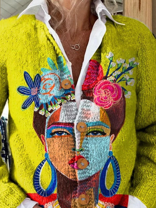 Danielle | Cardigan Boutonné Imprimé Artistique Portrait de Peinture