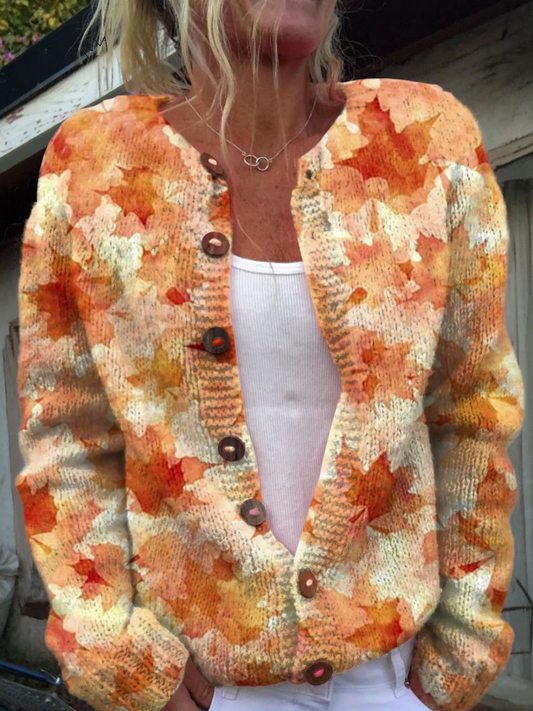 Nicole | Cardigan Boutonné Imprimé Artistique Feuille d'Érable d'Automne