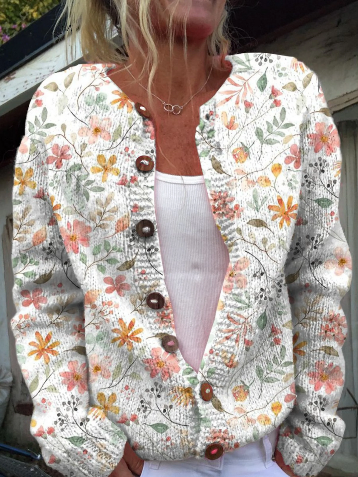 Dominique | Cardigan Boutonné Imprimé Petites Fleurs Fraîches