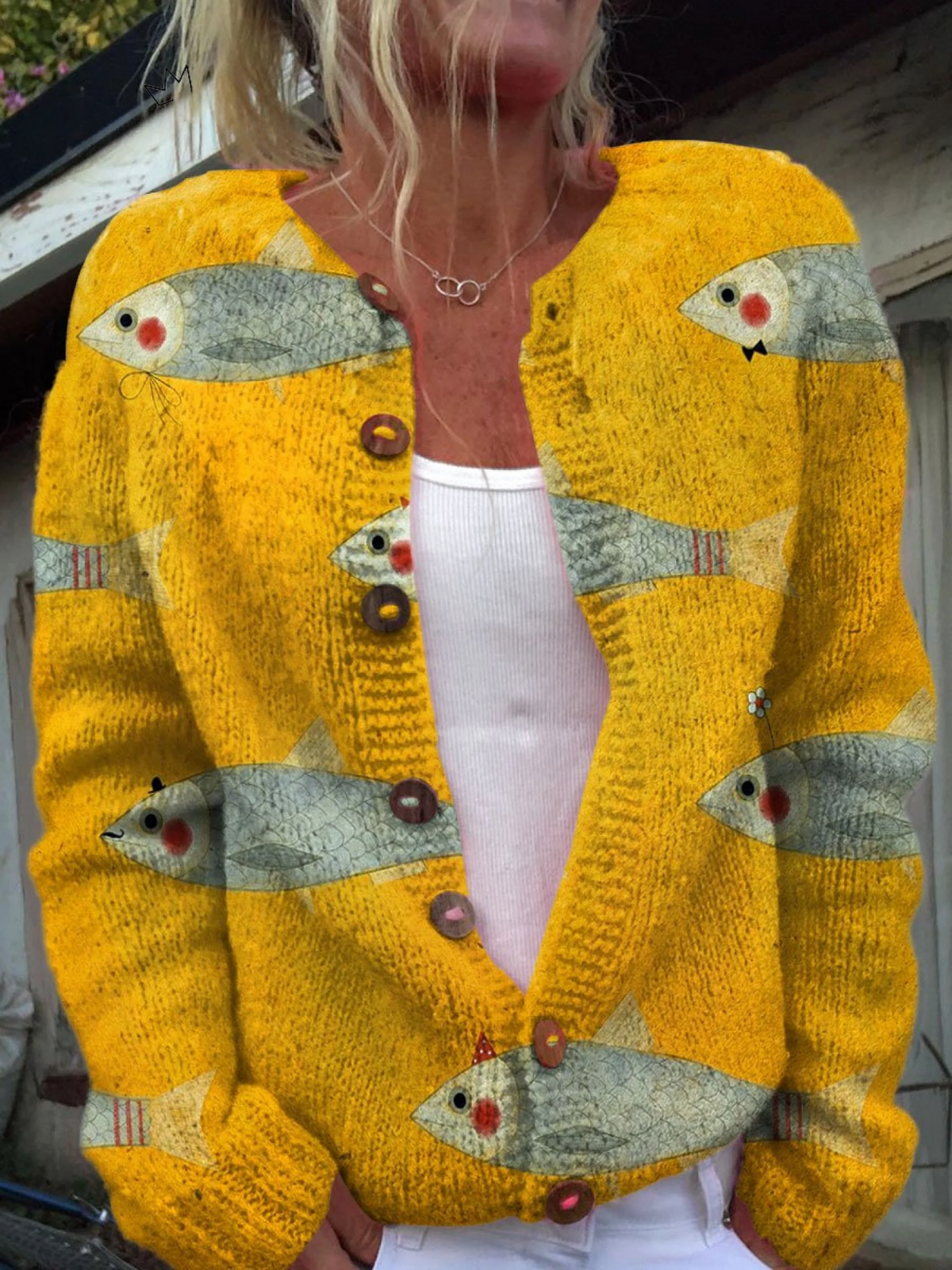 Lisette | Cardigan Boutonné Imprimé Artistique Vintage Sardines