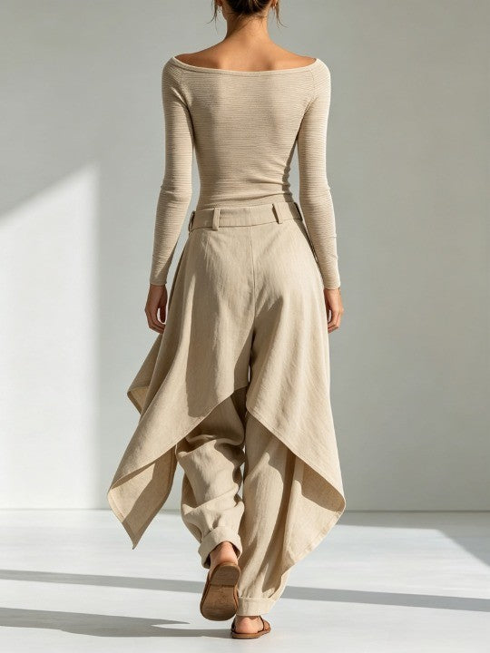 Giuliana | Ensemble Top Beige Col Bateau et Pantalon Large Superposé
