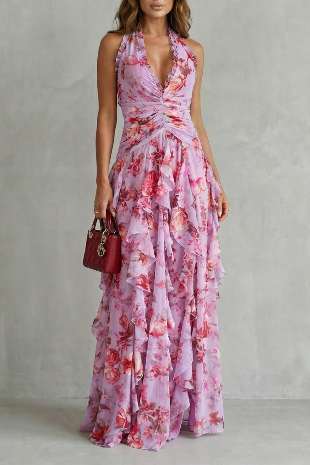 Belladina | Romantique Cascade de Roses Robe Longue Décolleté Américain