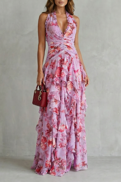 Belladina | Romantique Cascade de Roses Robe Longue Décolleté Américain