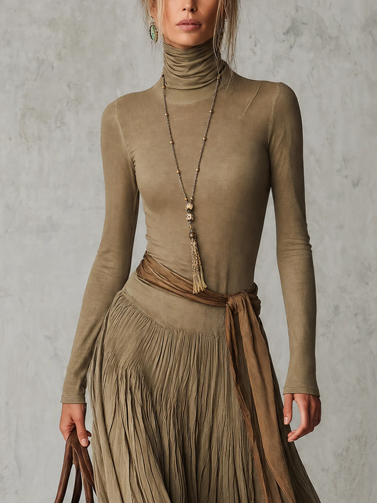 Júlia | Robe Longue Plissée Élégante Col Roulé à Manches Longues avec Lien à la Taille