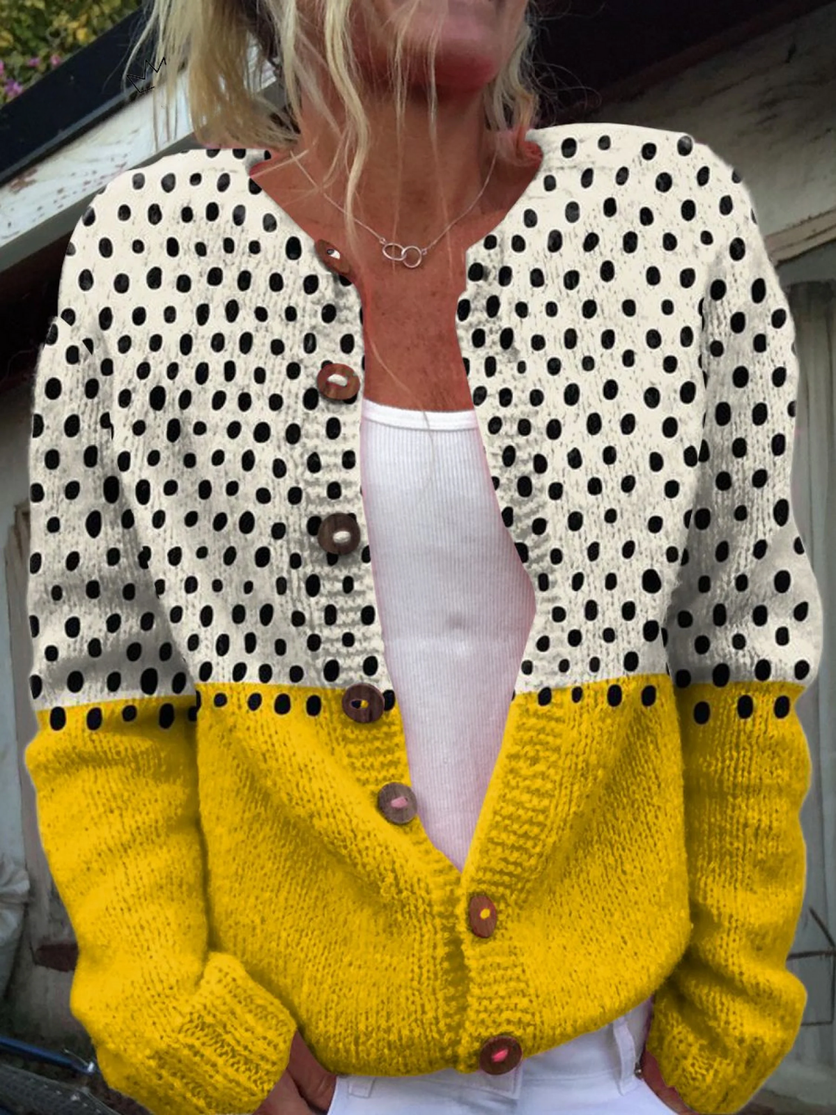Monique | Cardigan Boutonné Imprimé Pois Jaune