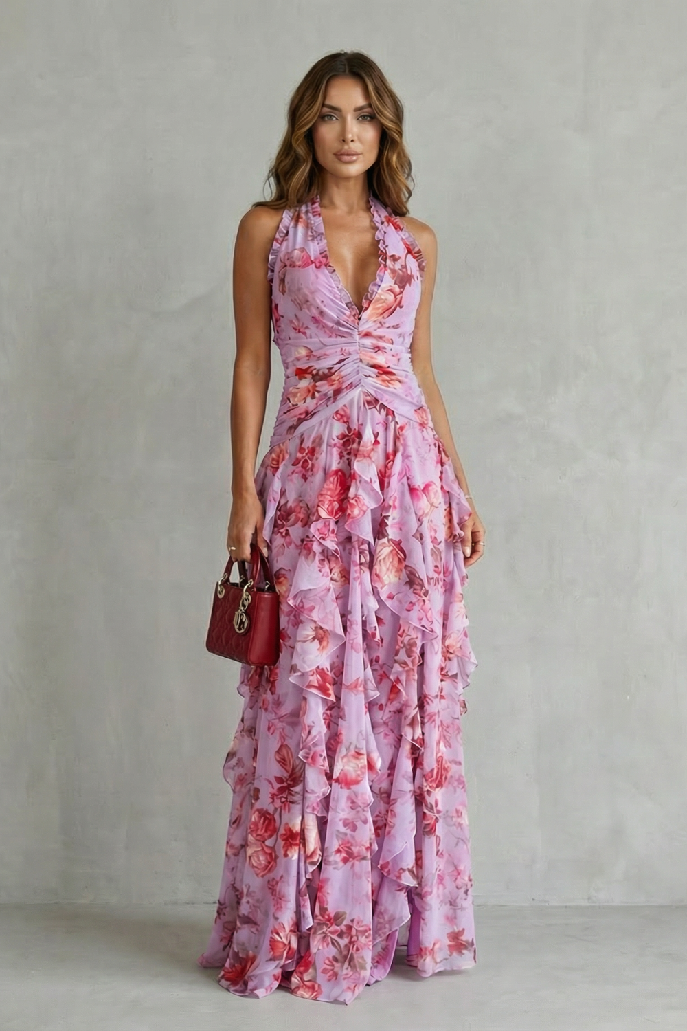 Belladina | Romantique Cascade de Roses Robe Longue Décolleté Américain