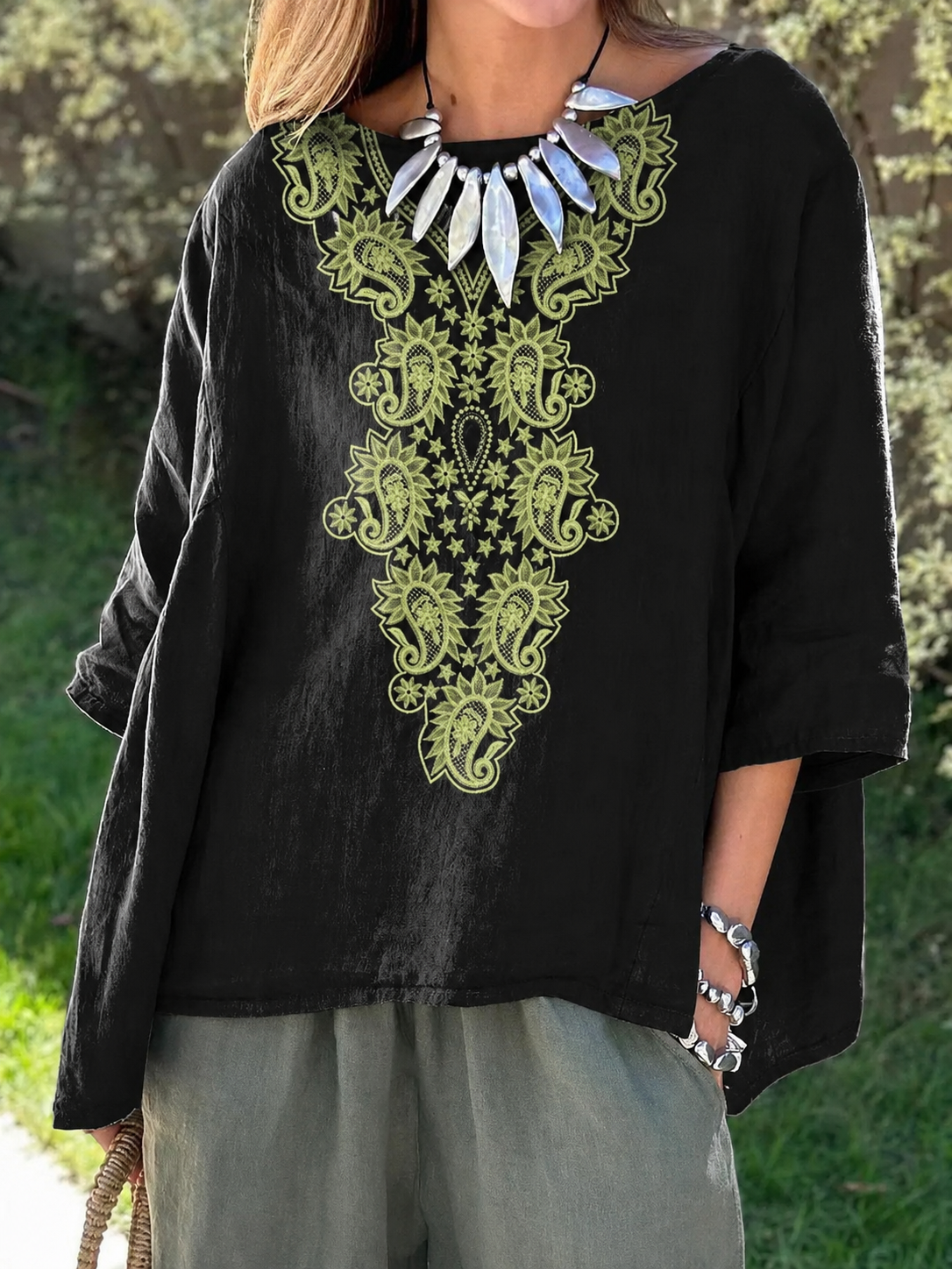 Chemisier Fleuri Noir Paisley Vert