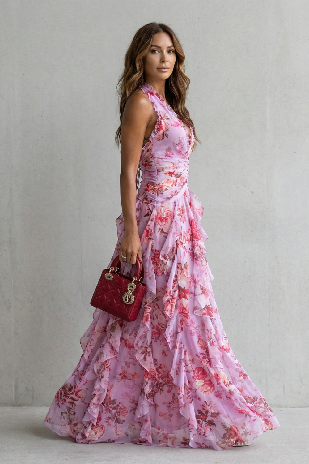 Belladina | Romantique Cascade de Roses Robe Longue Décolleté Américain