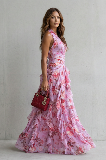 Belladina | Romantique Cascade de Roses Robe Longue Décolleté Américain