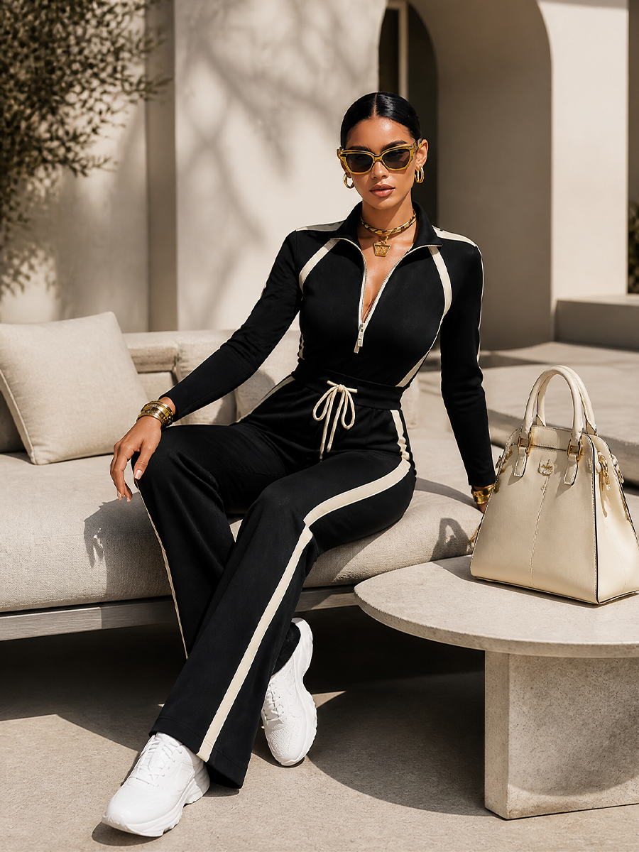 Monica | Ensemble Survêtement Noir à Bandes Contrastées, Haut Zippé et Pantalon Large à Cordon