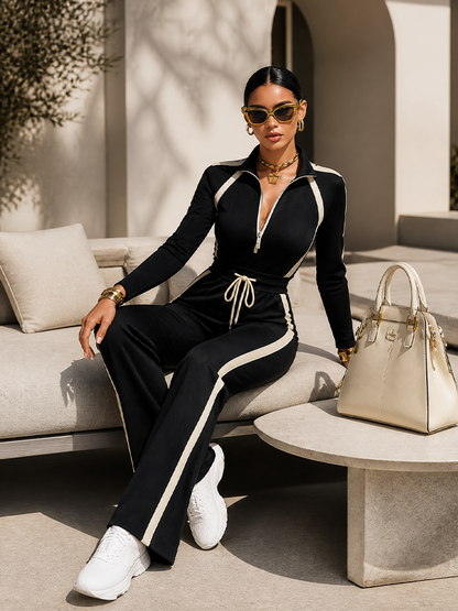 Monica | Ensemble Survêtement Noir à Bandes Contrastées, Haut Zippé et Pantalon Large à Cordon