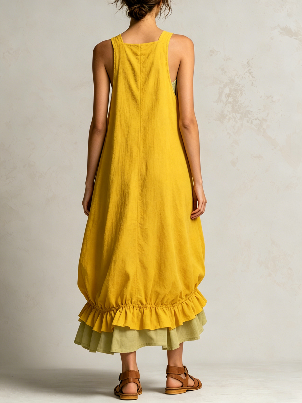 Daniela | Robe Midi Ballon Sans Manches à Grandes Poches, Superposée et Ourlet à Volants
