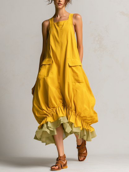 Daniela | Robe Midi Ballon Sans Manches à Grandes Poches, Superposée et Ourlet à Volants