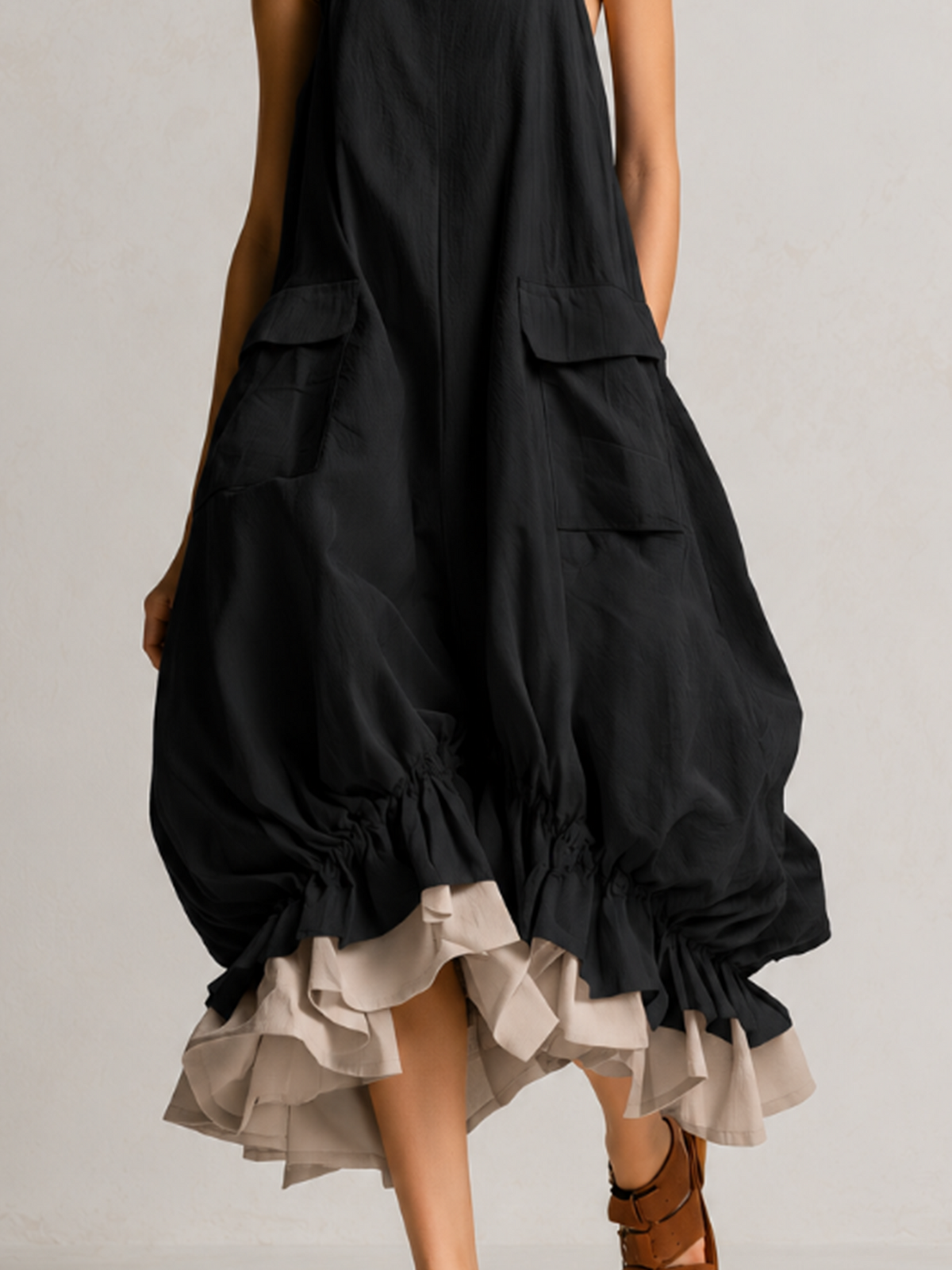 Daniela | Robe Midi Ballon Sans Manches à Grandes Poches, Superposée et Ourlet à Volants