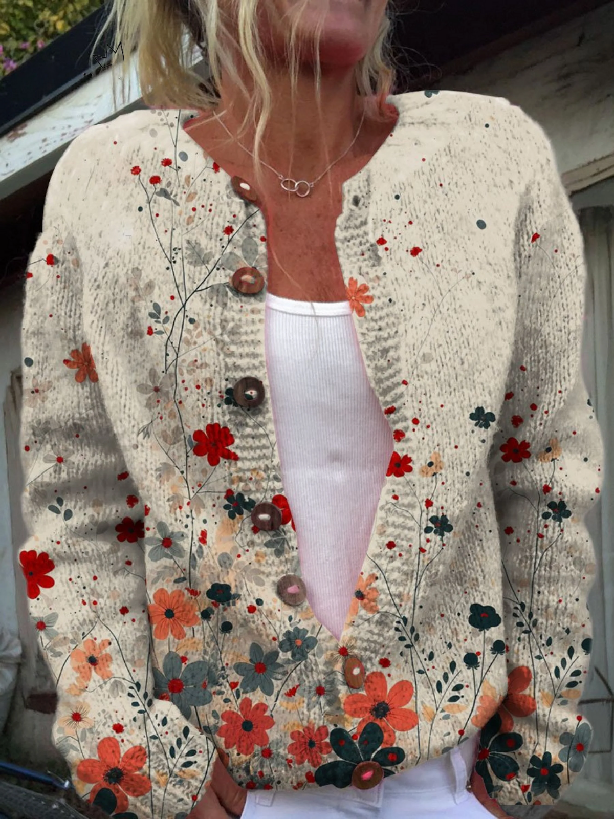 Simone | Cardigan Boutonné Imprimé Fleuri Vintage