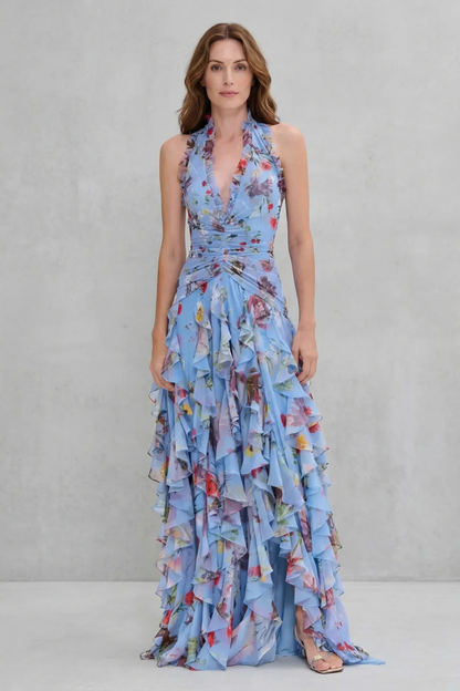 Belladina | Romantique Cascade de Roses Robe Longue Décolleté Américain