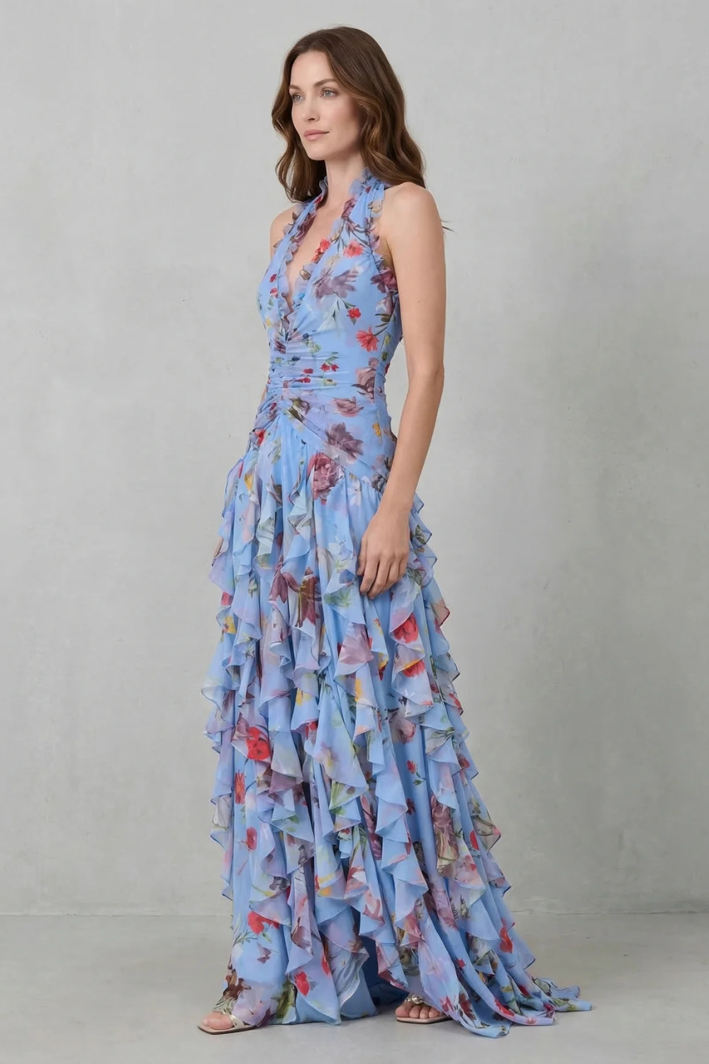 Belladina | Romantique Cascade de Roses Robe Longue Décolleté Américain