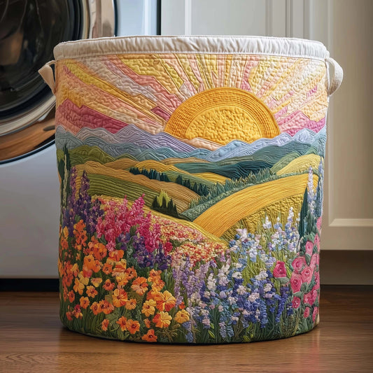 Panier matelassé avec lever de soleil sur un pré fleuri