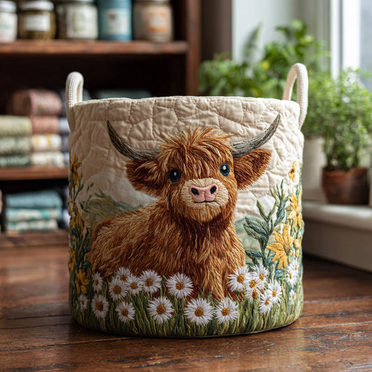 Panier matelassé avec vache Highland parmi les fleurs