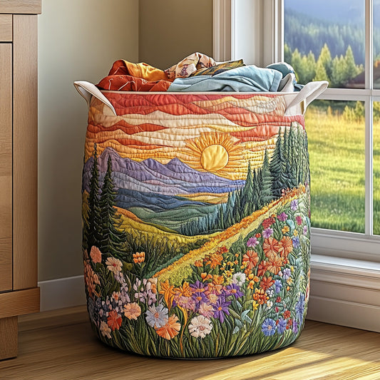 Panier matelassé avec lever de soleil entre montagnes et fleurs