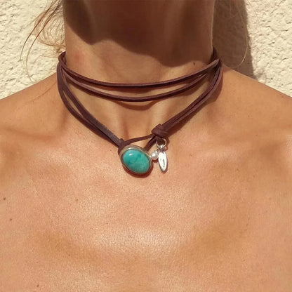 Agnese™ - Ras-de-Cou en Cuir avec Turquoise
