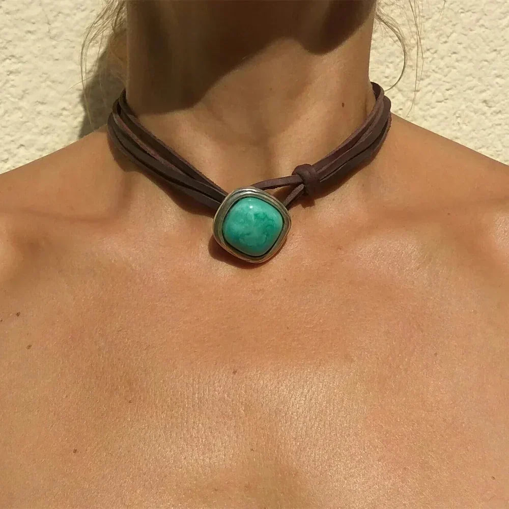 Agnese™ - Ras-de-Cou en Cuir avec Turquoise