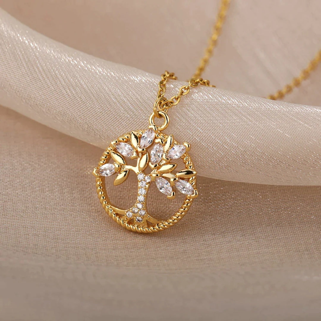 Nayara - Collier avec Pendentif Arbre de Vie en Or et Cristaux