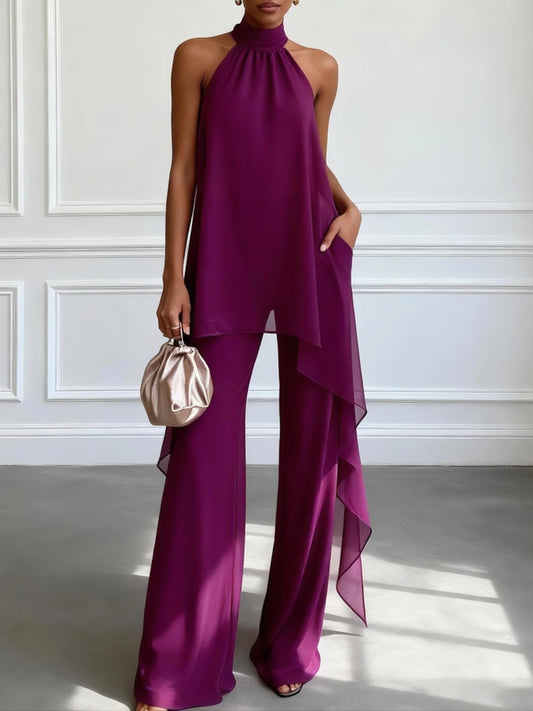 Ensemble deux pièces pantalon et haut élégant sans manches violet à col halter