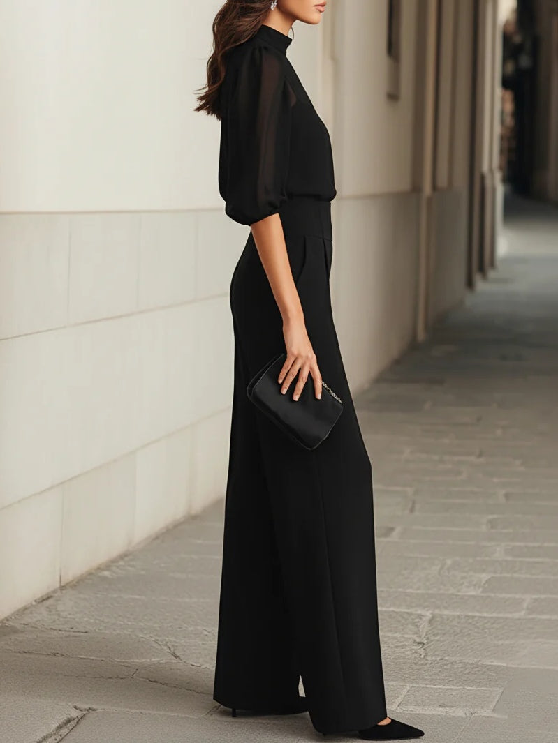 Ensemble trois pièces top caraco transparent noir et pantalon large